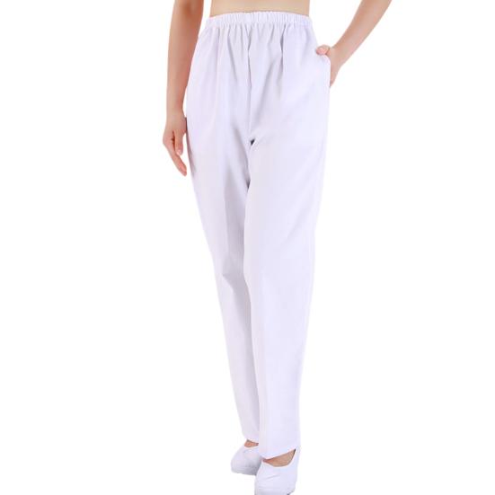 Летние брюки для медсестры со средней посадкой и эластичной резинкой на талии, широкие длинные брюки, однотонные женские рабочие брюки с карманами