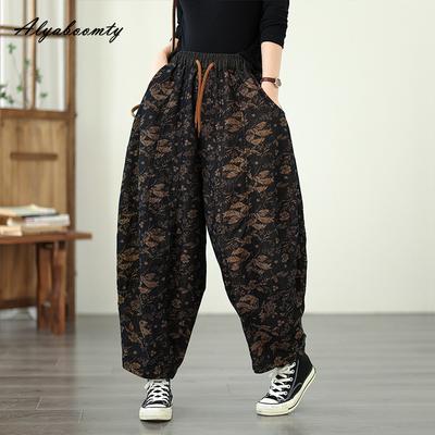 Женские джинсы гаремы больших размеров весна-осень на кулиске с высокой посадкой с винтажным принтом мешковатые джинсовые брюки стильные повседневные свободные большого размера женские джинсы