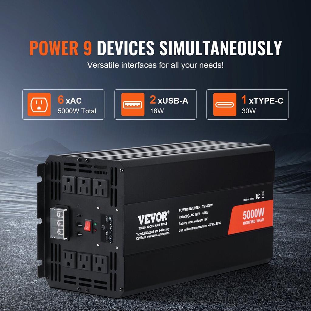 Модифицированный синусоидальный инвертор мощности 5000 Вт DC12V в AC120V ЖК-дисплей Пульт дистанционного управления