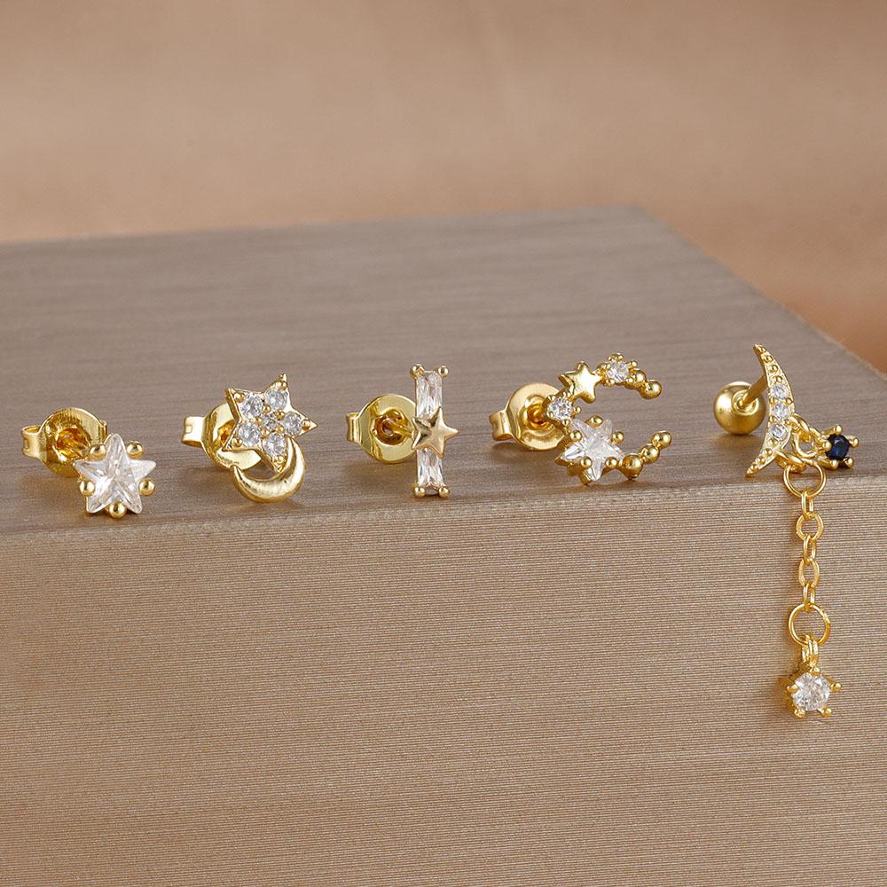 5PCS Stainless Steel Star Moon Chain Stud Earrings Set for Women Creative 18K Gold Plated Ear Piercing Earring Wedding Jewelry