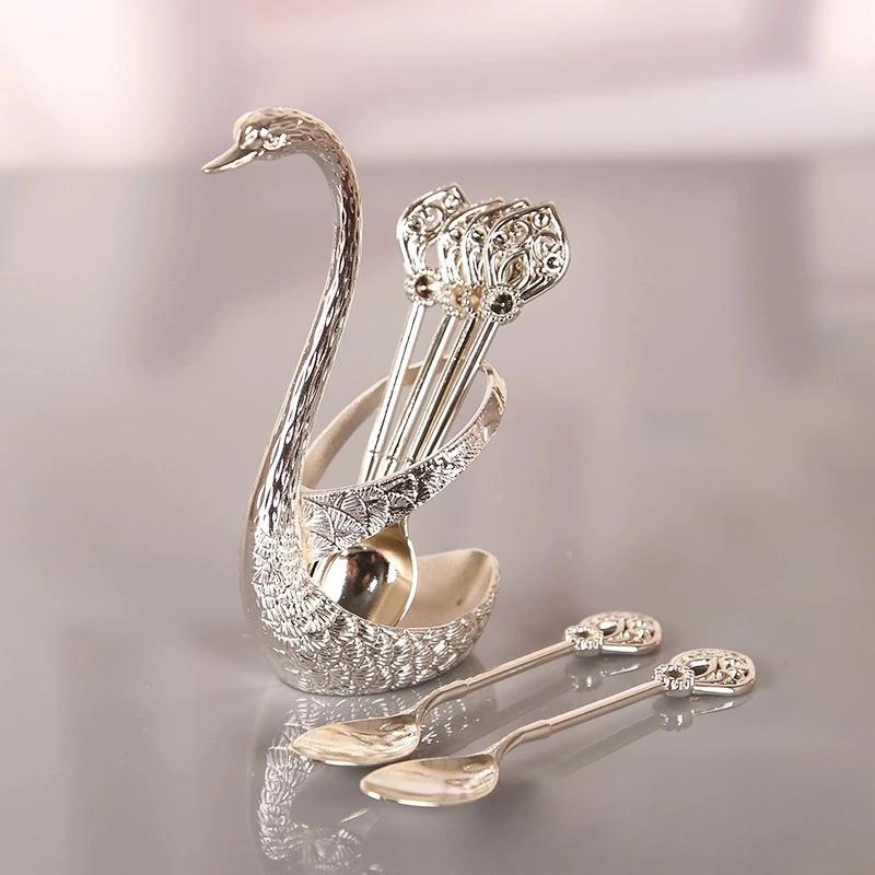 Swan Tableware Holder Base Elegant Gold Alloy Fruit Fork and Spoon Cutlery Set Dessert Teaspoon Dinnerware Kitchen Accessories