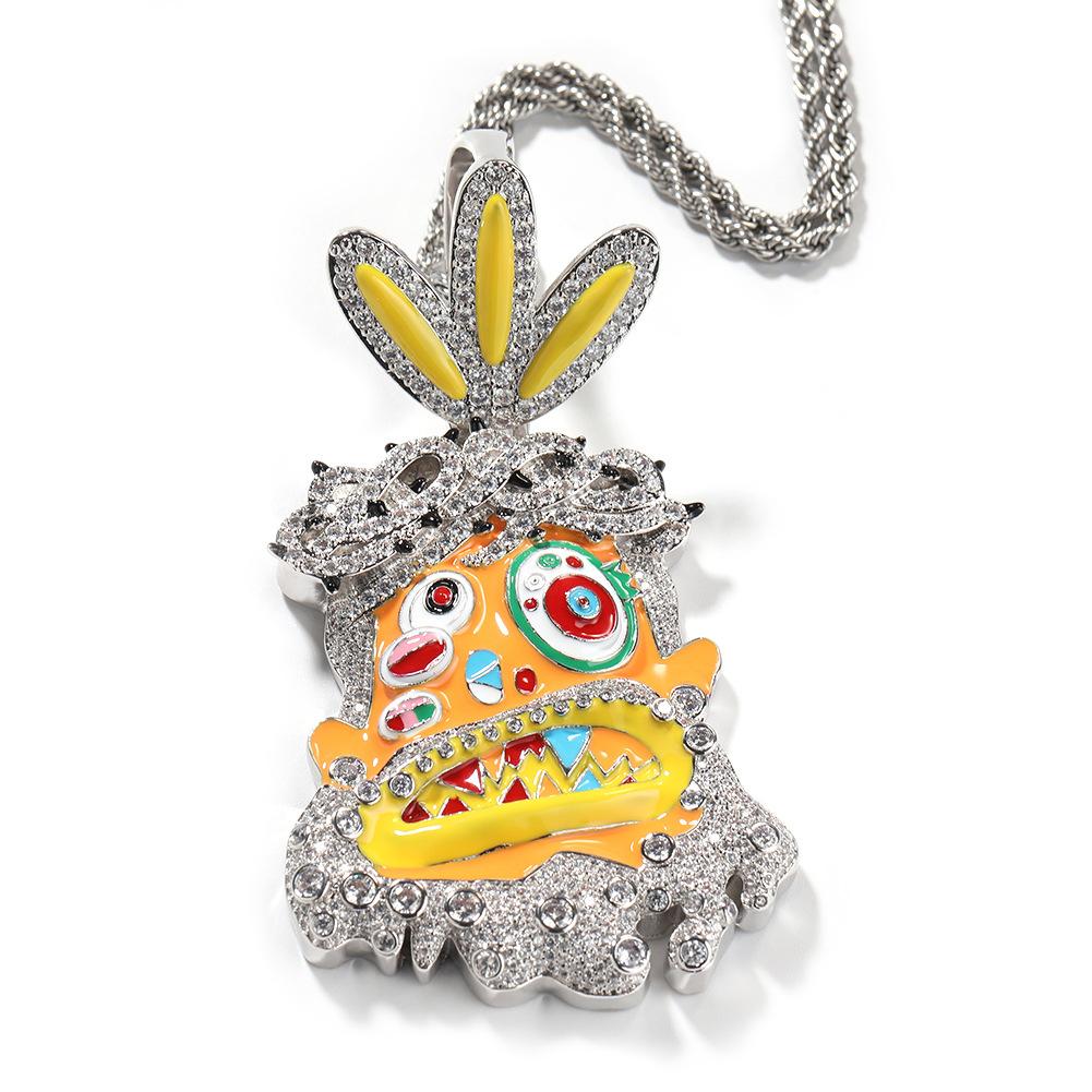 European American Hip Hop Cartoon Avatar Pendant Necklace, Copper Inlaid Cubic Zirconia, Colorful Enamel Bold Cool Unisex Statement Neck Jewelry
