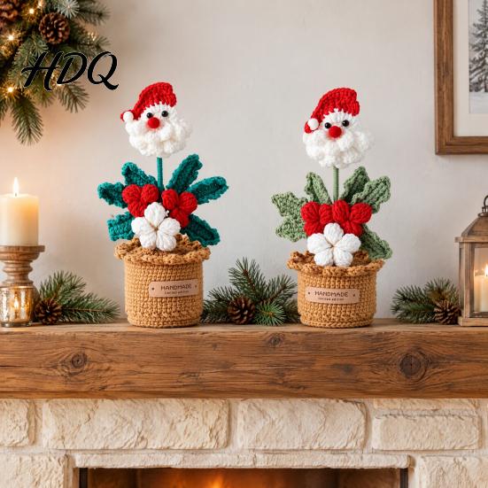 Desktop Ornament for Shelf Crochet Potted Santa Plant Handmade Christmas Ornament Decorative Desk Accessories Flower Plant Home Office Bookshelf