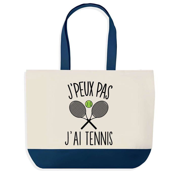 Tote bag - PLANETEE - Sac shopping fond bleu "J'peux pas Tennis Raquettes Croisées" - Coton 40x45 cm - Bleu - Fabriqué en France