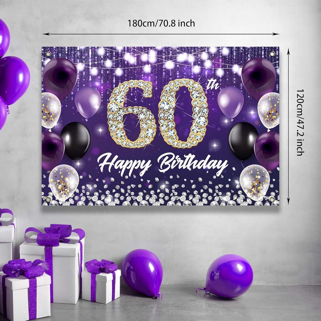 Счастливого 60-летия Баннер-фон Фиолетовая тематика Фон с блестящими бриллиантами Благородный Элегантный Фон для Фотосъемки Дня Рождения Фотобудка