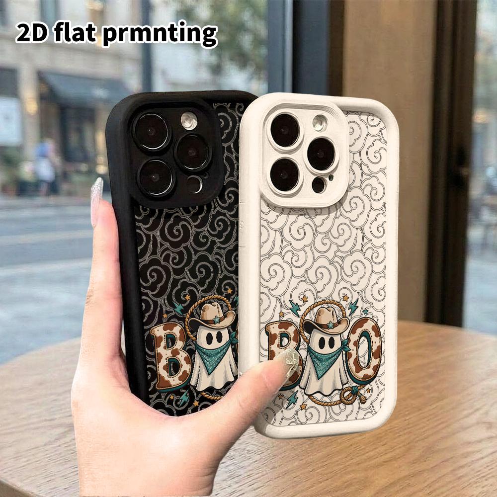 Phone case: 2D flat design suitable for iPhone 18 17 16 15 14 13 Pro tiered protective case, denim ghost, Christmas and Halloween holiday gift
