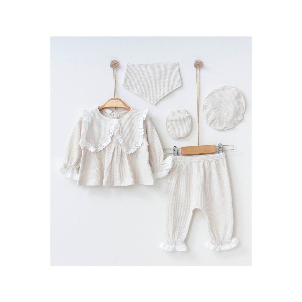 Комплект из 5 предметов для новорожденных 0–3 месяцев цвета бежево-бежевого цвета с фестончатым узором Hospital Release для девочек