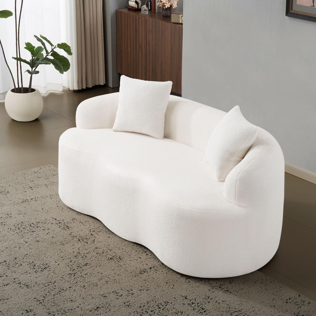 White Curved Loveseat Sofa with Round Armrests, Compression Sofa with 2 Cushions, Cream-Colored for Small Spaces, Living Room, Bedroom, Assembly-Free