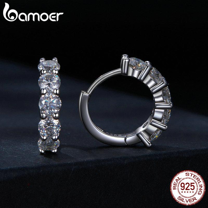 Bamoer 925 Sterling Silver Classical Round Moissanite Ear Buckles Clear Lab Diamond Engagement & Wedding Jewelry Gift for Women
