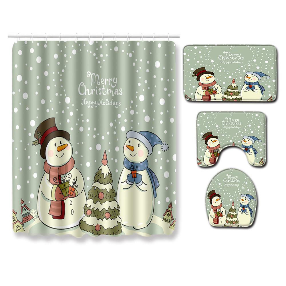 Christmas Waterproof Shower Curtain Four-Piece Combination Floor Mat Entrance Door Mat Bedroom Living Room Carpet