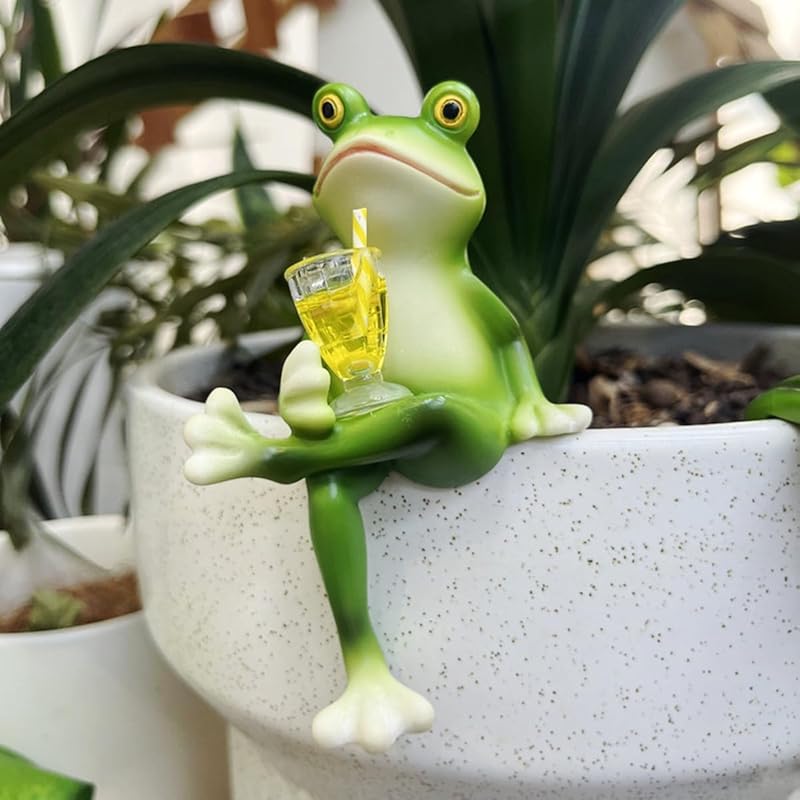 Funny Drinking Frog Statue Flower Pot Hugger Resin Hanging Frog Figurine Planter Pot Decorations for Home Garden Fence Balcony Patio Lawn Yard