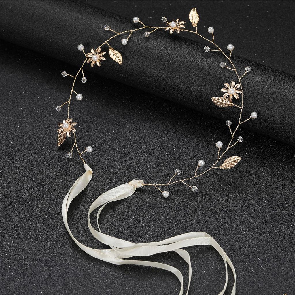 Gold Flower & Leaf Hair Band Alloy Floral Bridal Hair Accessories for Bridesmaid Wedding Party Balls