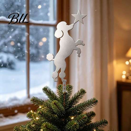Easy Install Tree Topper Standing Poodle Christmas Topper, Silver Silhouette Durable Metal Decoration, Secure Small Desktop Plug-in Rod Installation