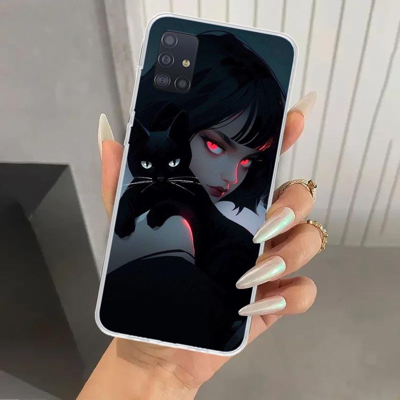Милый черный кот Аниме Девушки Чехол для телефона для Samsung Galaxy A52 A32 A22 A12 A02S A50S A30S A10S Note 20 Ultra 10 Plus S10 A31 A20 A
