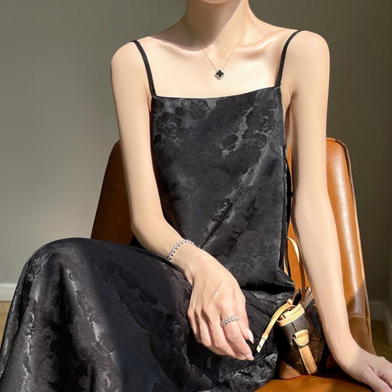 Весна Новое Женское Платье из Ацетатного Сатина с Жакардовым Узором на Воротнике и Бретелях, Без Рукавов, Длинное