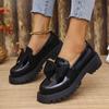 Spring Bowknot Platform Loafers Women Black Faux Leather Slip On Flats Shoes Woman College Style Thick Sole Dress Shoes Size 42
