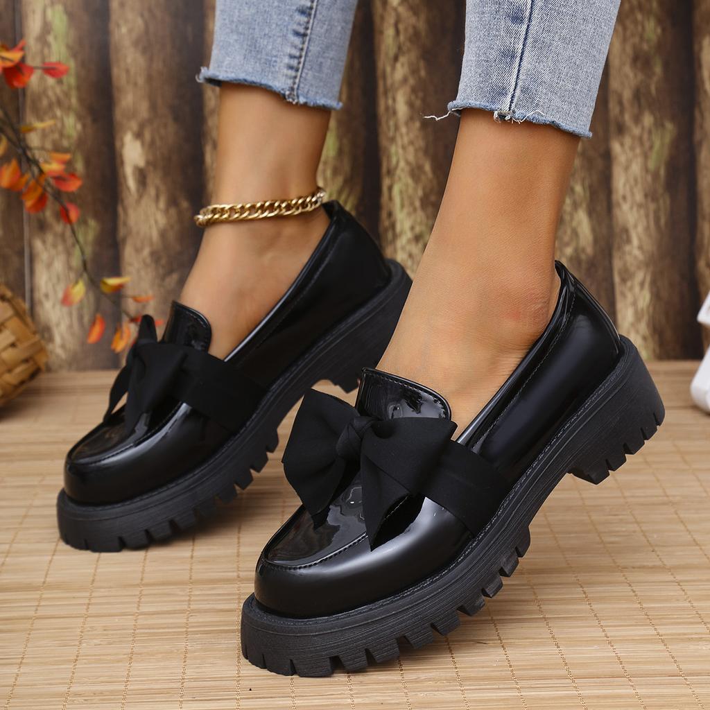 2025 Women's Loafers Round Toe Platform Sole Butterfly-knot One Kick Women Shoes Fashion All-match British Style Leather Shoes
