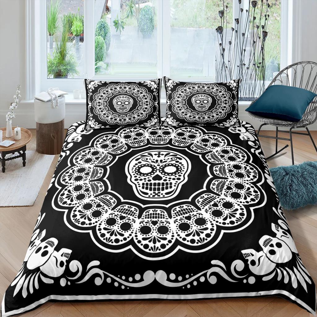 Комплекты постельного белья Sugar Skull King Beauty Kiss Skull, пододеяльник, комплект постельного белья Bohemian Print, черное постельное белье Queen Size
