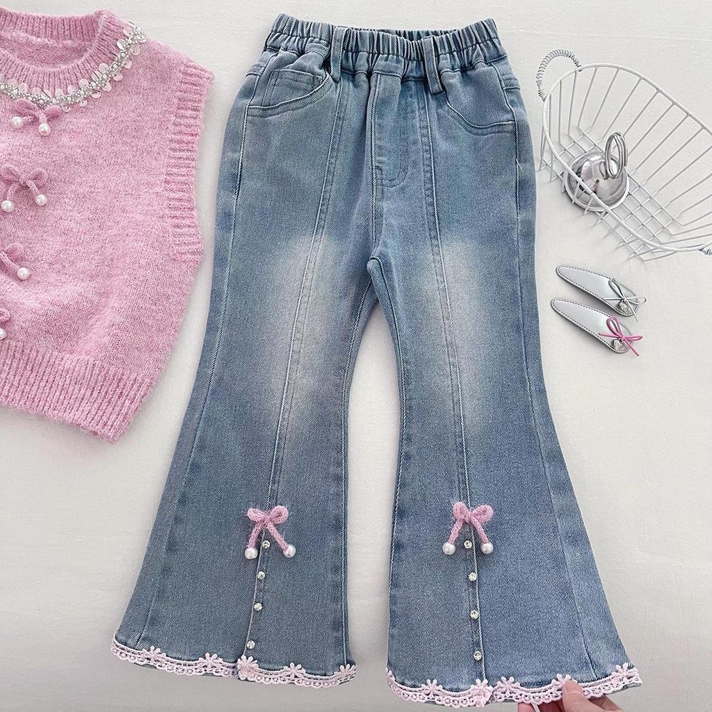 2025 Модный розовый жилет, рубашка и расклешенные джинсы. Вязаный комплект для весны и осени.