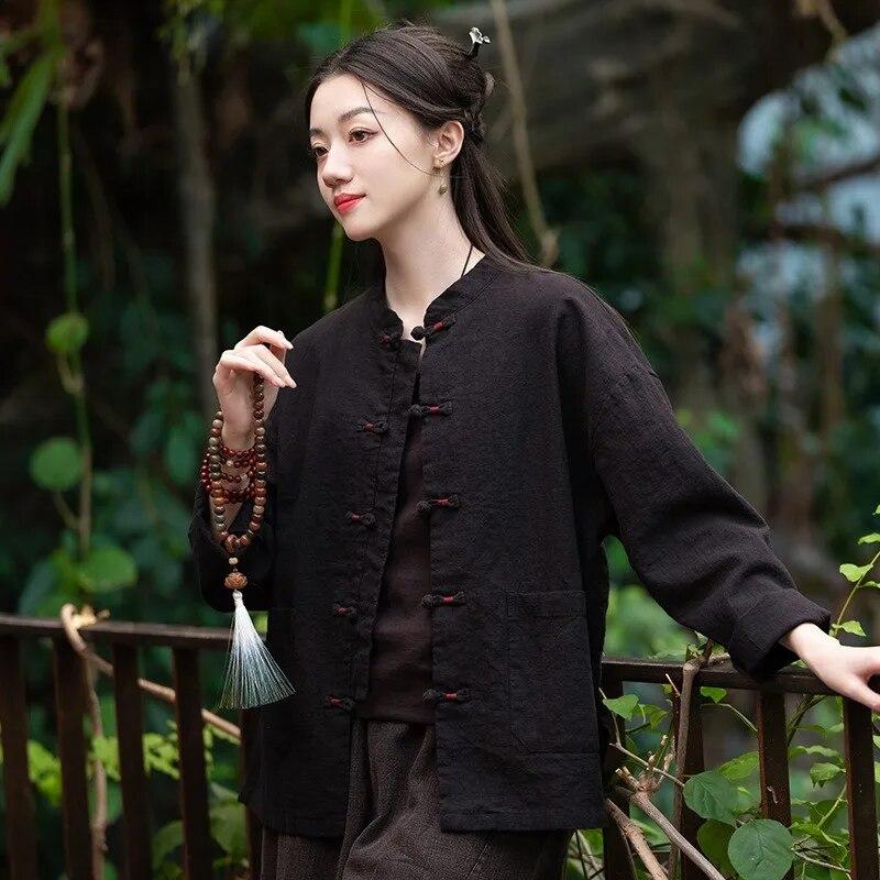 Johnature Женские рубашки в китайском стиле, топы с длинными рукавами и пуговицами, однотонные блузки, весенние свободные рубашки