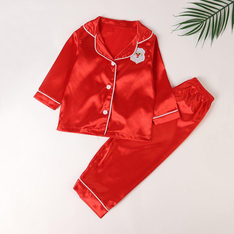 Атласный пижамный комплект для мальчиков и девочек, рождественская вышитая пижама с длинными рукавами, теплая повседневная детская одежда на пуговицах