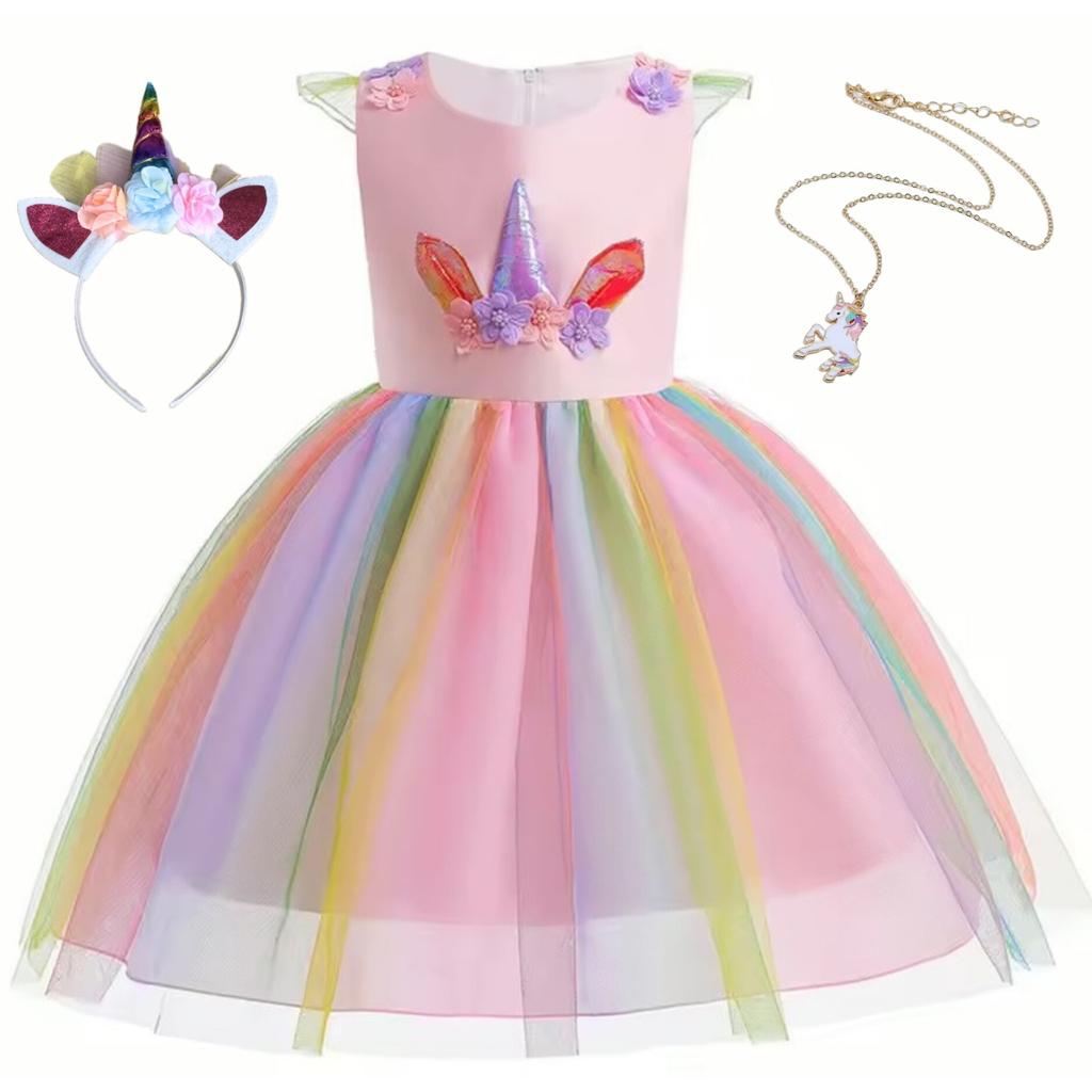 Unicorn for Girls Set with Headband and Necklace, Premium Fabric, 5-6 Years, 130 cm, Pink