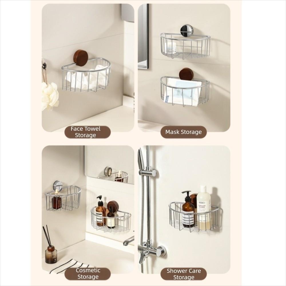 Wall Mounted Suction Cup Storage Rack Hollow-out Stainless Steel Bathroom Organizer Shelf Detachable Reusable Tissue Holder Home