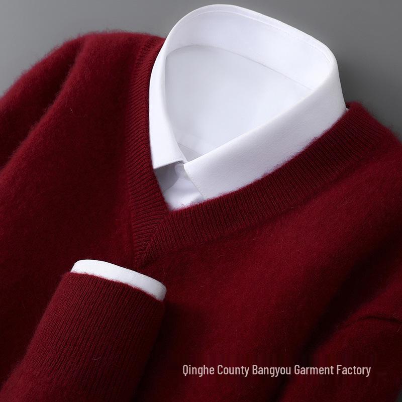 Мужской свитер с V-образным вырезом из чистой шерсти - Свободный крой, Большой размер, Смесь кашемира, Коллекция Осень/Зима