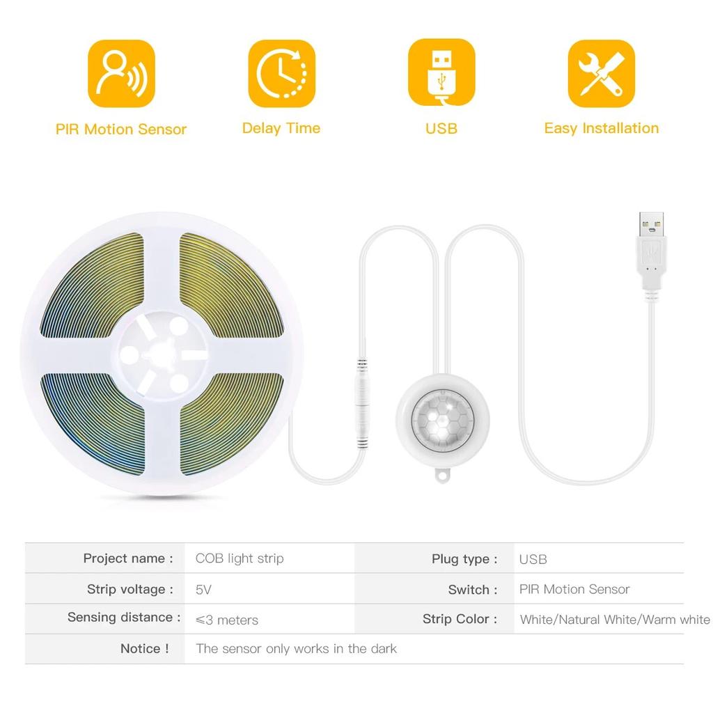 320LEDs/m PIR Motion Sensor Switch USB Flexible LED COB Strip Light Tape For TV Backlight Room Kitchen Lighting Lamp Decoration