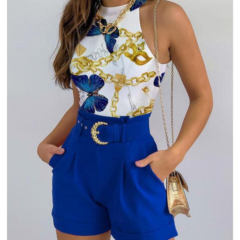 Летний женский комплект из 2 предметов, топы, ажурные пляжные облегающие короткие топы, шорты с принтом, повседневный ажурный жилет без рукавов, костюм из двух предметов