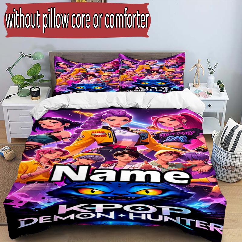 3pcs Duvet Cover Set (1*Duvet Cover + 2*Pillowcase, Without Core), Custom Name KPop Demon Hunters Pattern Bedding Set, Home Bedroom Decor Gift
