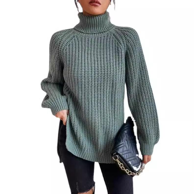 autumn and winter medium and long knitted sweater with shoulder sleeves and high lapel neck split ends. European and American sweaters and tops fo