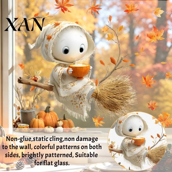 Indoor Outdoor Autumn Decor Ghost/Gnome Static Glass Sticker, PVC Waterproof Maple Leaves Window Theme Film Decal, Removable Cling for Fall