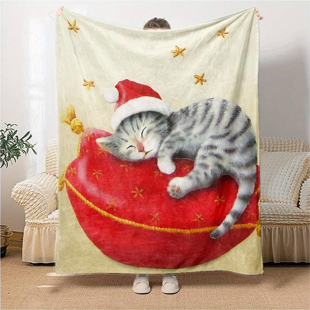 Christmas Kitten Pillow Blanket Soft Throw Blanket For Home Bedroom Bed Sofa Travel Office Solid Christmas Blanket