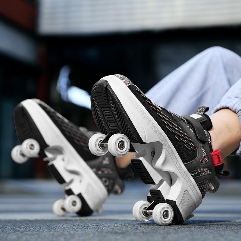 Retractable Four-Wheeled Running Shoes: High-Elastic, Breathable Mesh Roller Skates for Men and Women.