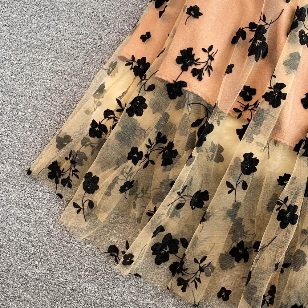 RUGOD Summer Retro Embroidered Waist Slim A-line Dress Elegant Large Swing Long Dress