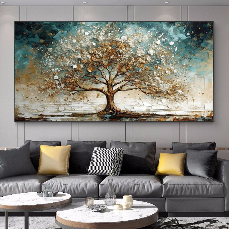 Абстрактная картина на холсте с золотым и синим зимним деревом, настенное искусство, богатые постеры с изображением деревьев, пейзажная картина для декора стен гостиной