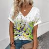 Женская футболка с цветочным принтом, летняя, с коротким рукавом, повседневная, с V-образным вырезом, 3D цветочные узоры, оверсайз, женская одежда
