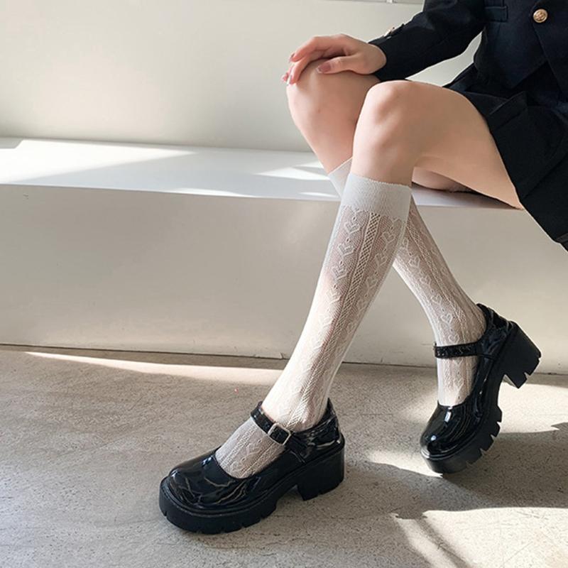 Japanese Lolita Lace Knee High Socks Womens Sweet Love Heart Striped Jacquard Patterned Stockings Hollow Out Sheer Mesh Kawaii