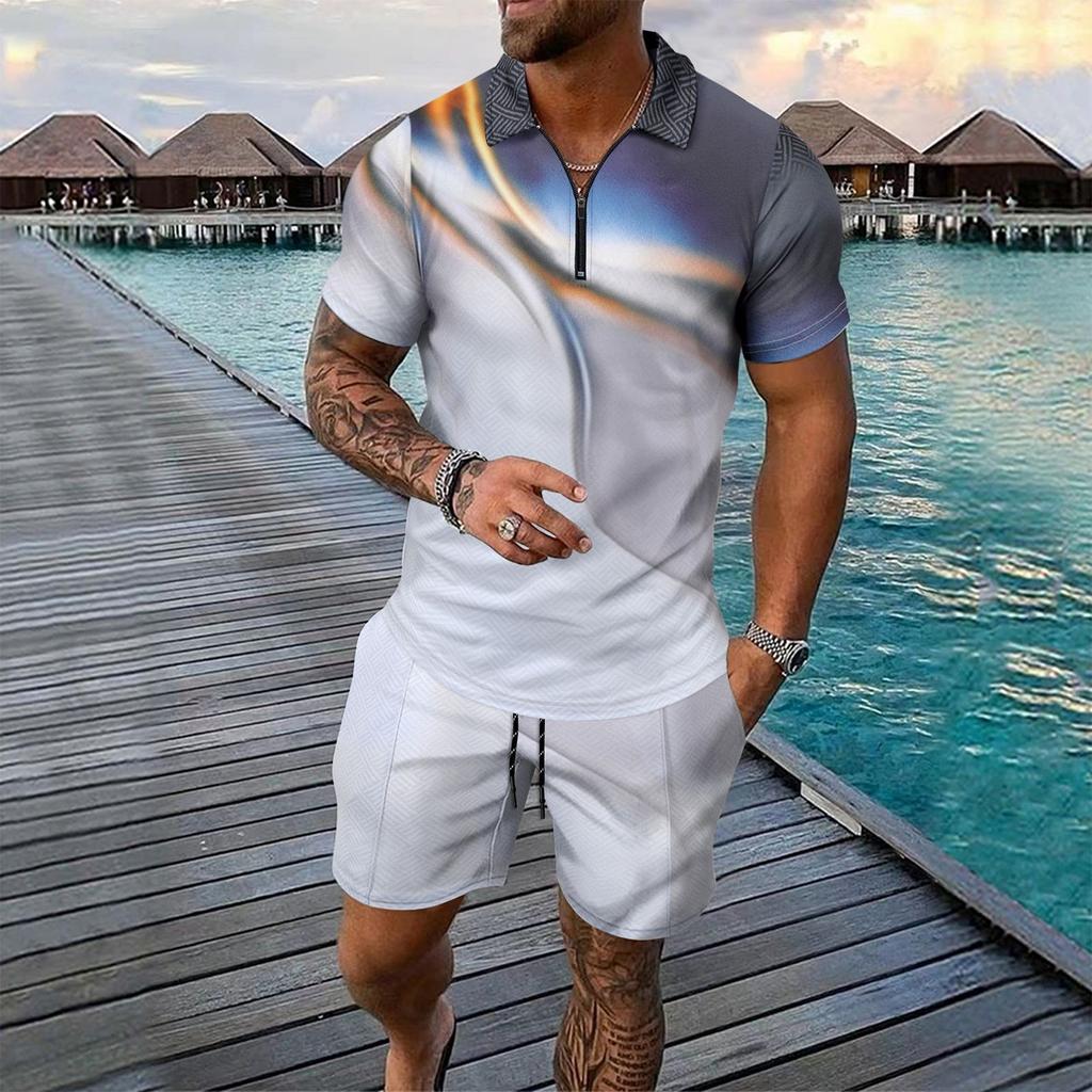 Мужской летний костюм с короткими рукавами и короткими шортами на молнии с принтом, мужской повседневный спортивный костюм