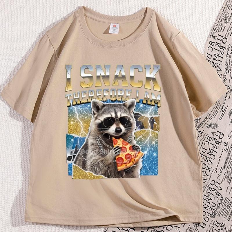 Raccoon Pizza TShirt I Snack Therefore I Am Graphic Tees Funny Animal Lover T Shirt Retro Cotton Short Sleeve Round Neck Tee
