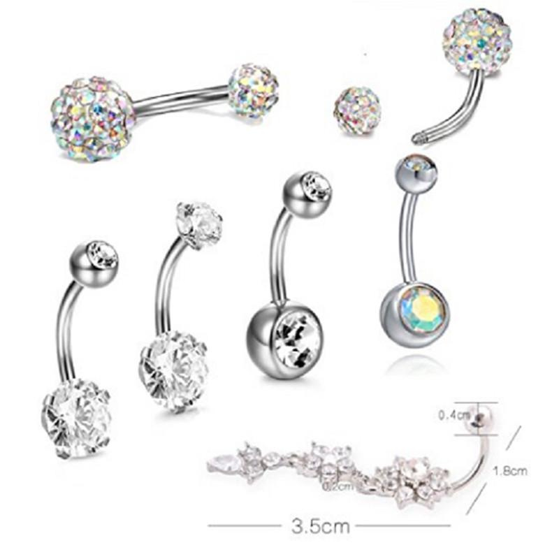 7Pcs/Set Stainless Steel Crystal Belly Button Rings Navel Body Jewelry Piercing
