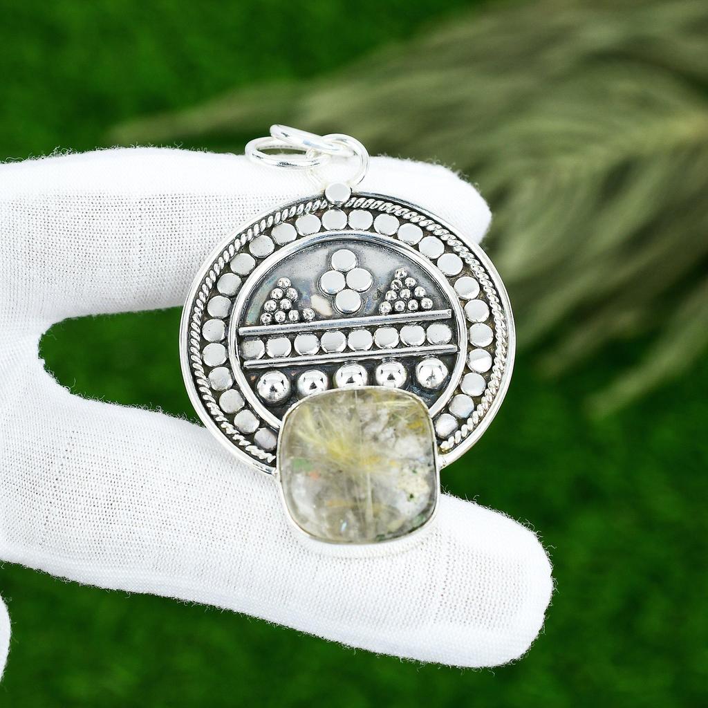 Sisters Day Deal 925 Silver Golden Rutile Gemstone Daughter Bezel Ethnic Pendant