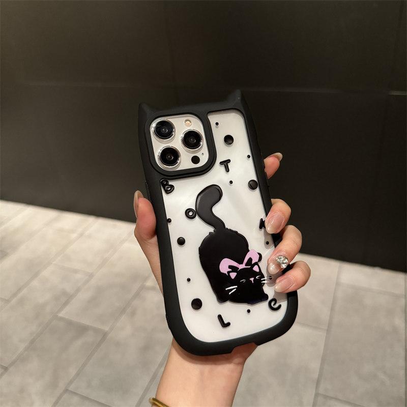 Cartoon Cat Ears Bezel Cute Little Black Cat Acrylic Phone Case for iPhone 15 Pro Max 14 Plus 13 12 Pro 11 All-inclusive Fall Protection Cover
