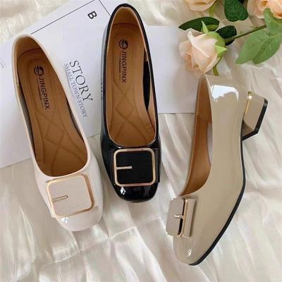 Кожа яркая кожа 2025 новые одинарные туфли женские квадратный носок толстый каблук женская обувь мягкая кожа обувь для мамы женская обувь