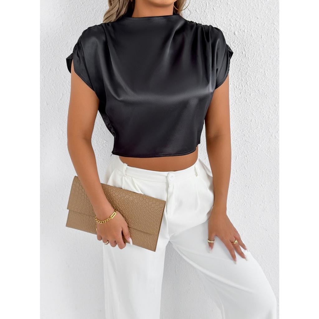 Летние атласные рубашки Модные однотонные Высококачественные женские блузки и рубашки с коротким рукавом