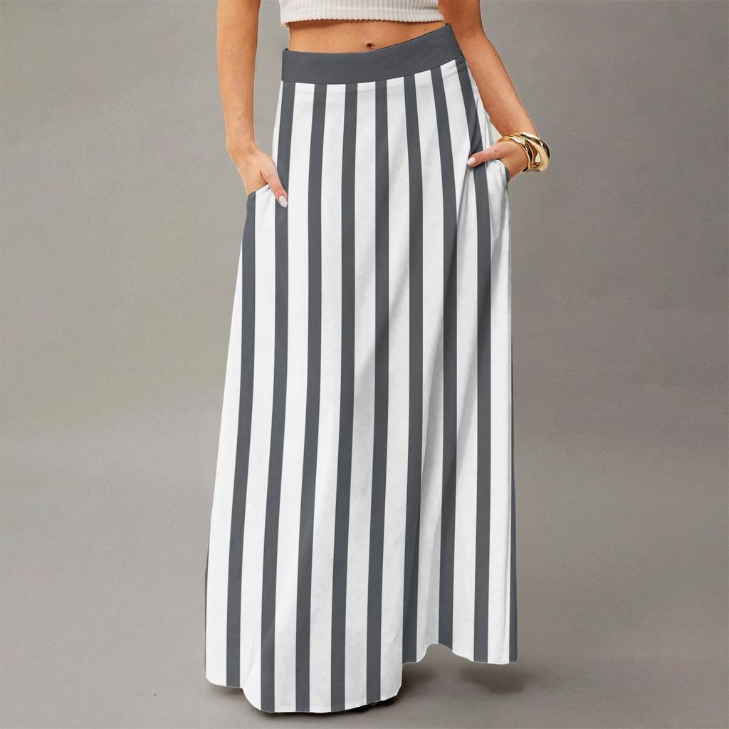 Женская повседневная складная юбка макси с высокой талией, драпированная, свободного кроя, с карманом, в полоску, в клетку