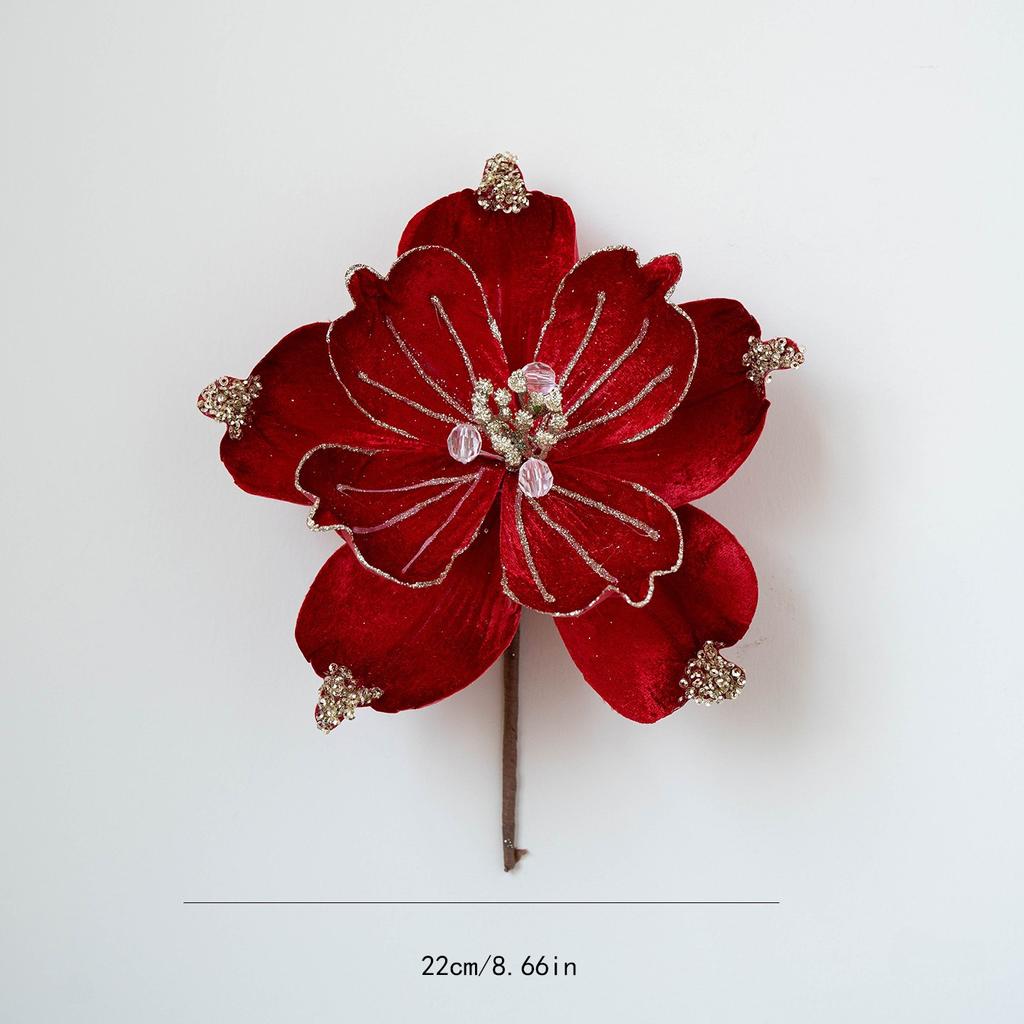 1PC Christmas Artificial Flower 22cm Fabric Sticky Pink Sequins Imitation Magnolia Flower Living Room Decoration Christmas Decoration Small Gift