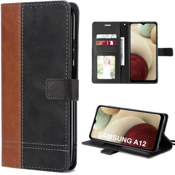 Flip Case for Samsung A12 Two-Tone Synthetic Leather Brown-Black