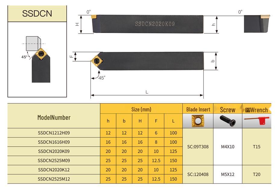 Наружный CNC держатель инструмента 45° Серия SSDCN - H09